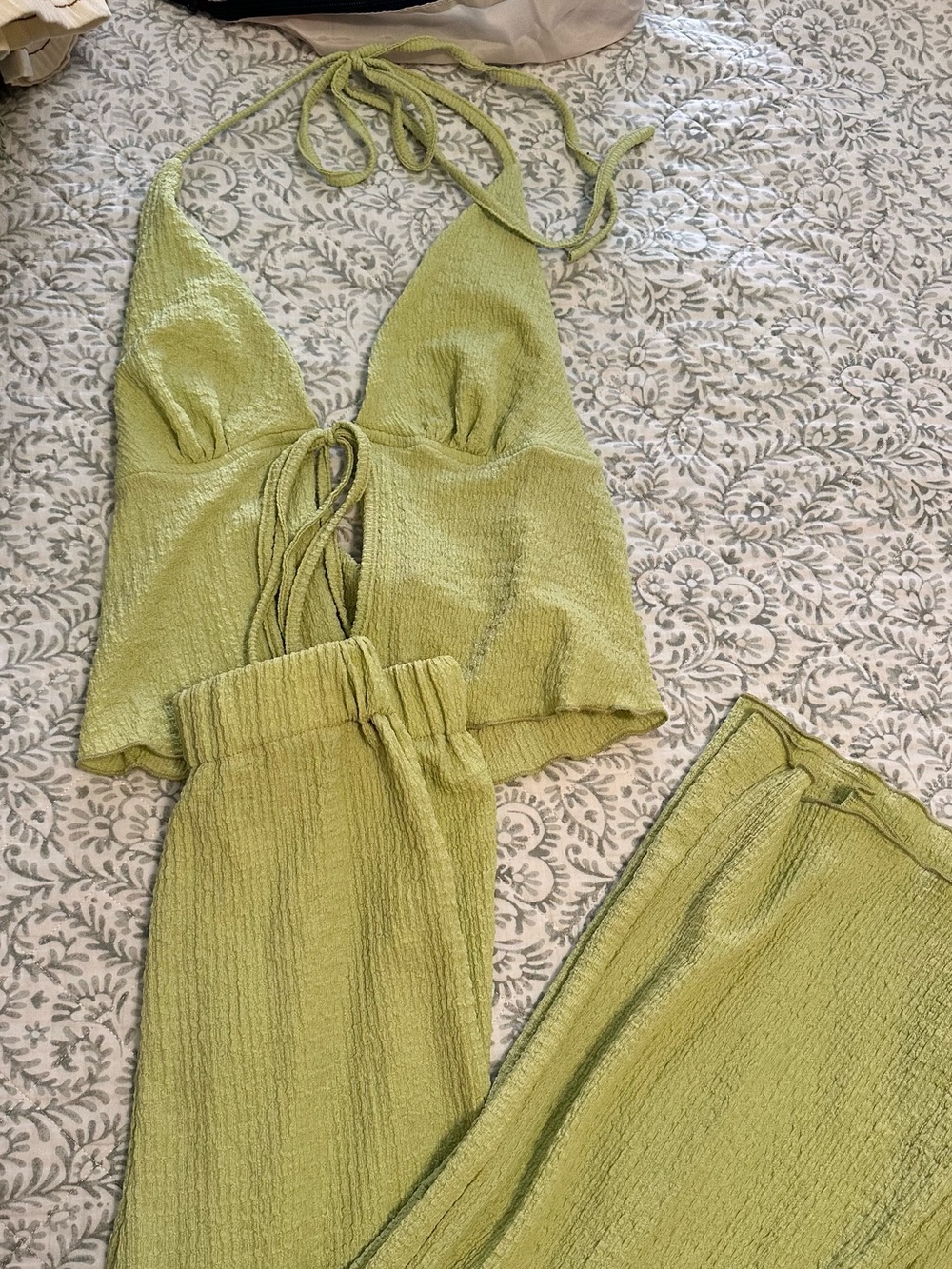 SHEIN Textured Lime Green Halter Top & Matching Pants Set